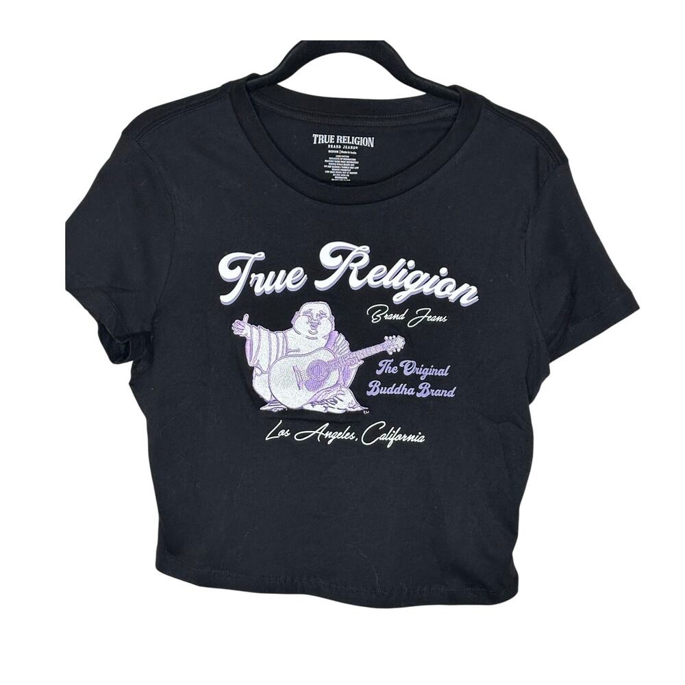 True Religion Buddha Baby Tee Black Purple Graphic NWT Y2K Fitted Cropped Top M